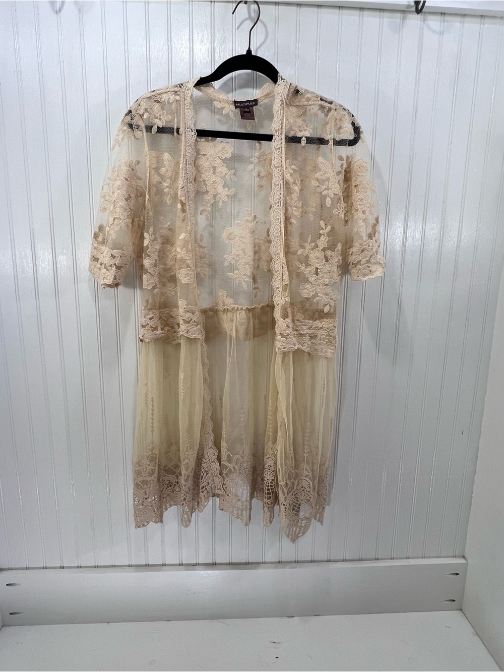 Multiples Sheer Beige Lace Floral Embroidered Boho Kimono Duster Cardigan L